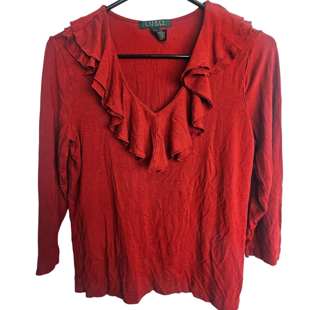 Lauren Ralph Lauren Womens Ruffle Neck Blouse M Stretch Classic Preppy Classic